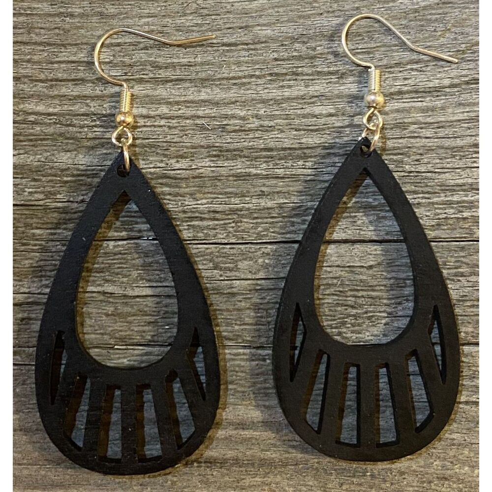 Teardrop Wood Earrings, Black - E009-44